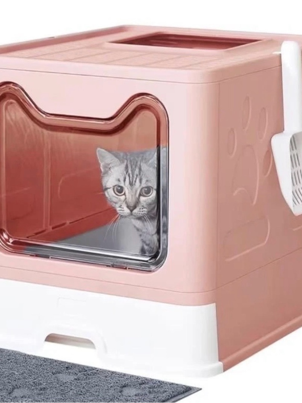 Covered Cat Litter Box with Peek Window - Pink & White